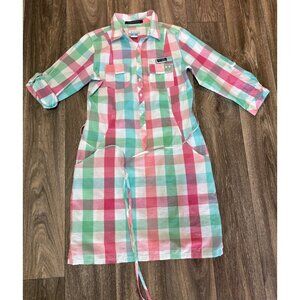 COLUMBIA PFG SUPER BONEHEAD WOMENS S PLAID FISHING SPORT DRESS ROLL TAB SLEEVE